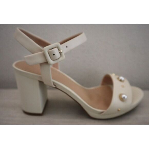 Rockport Women's Sz 5.5 Vanilla Leather Pearl Tabitha 2-Strap Heeled Sandal - Picture 6 of 8